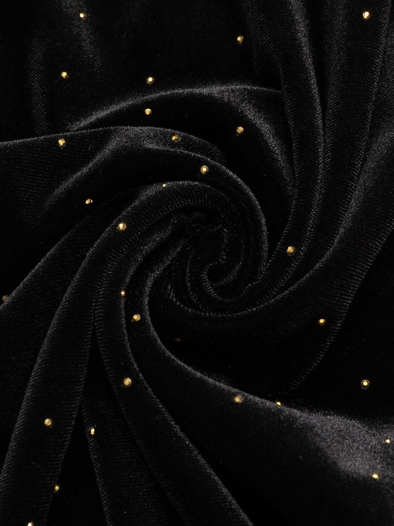 [Pré-vente] Robe noire en velours avec strass et épaules dénudées des années 1960