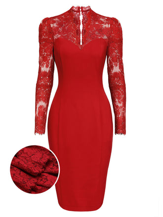 Robe patchwork en dentelle rouge des années 1960 à manches longues