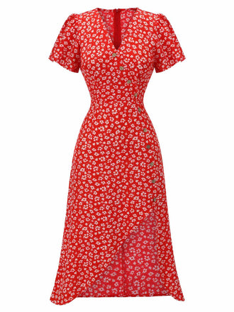 Robe rouge à col en V à fleurs des années 1940