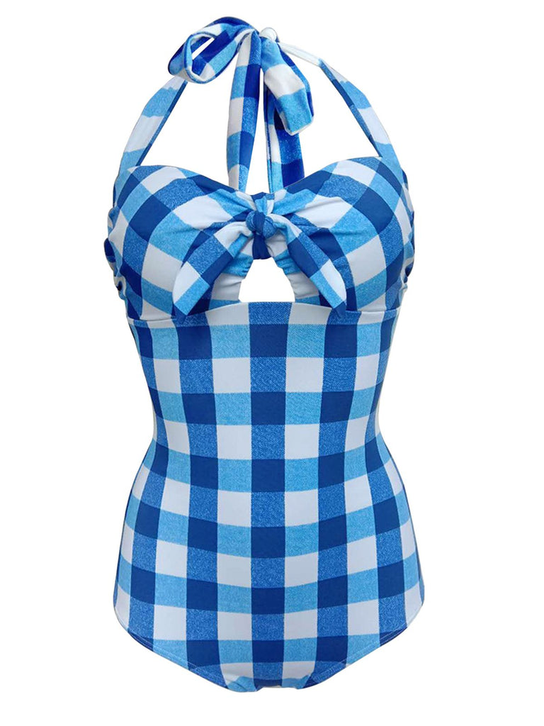 Maillot de Bain Vintage Bleu Une-pièce à Carreaux