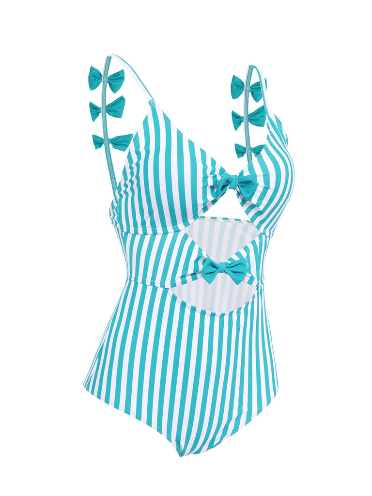 Maillot de bain Une Pièce à Rayures Bleue et Nœud Papillon
