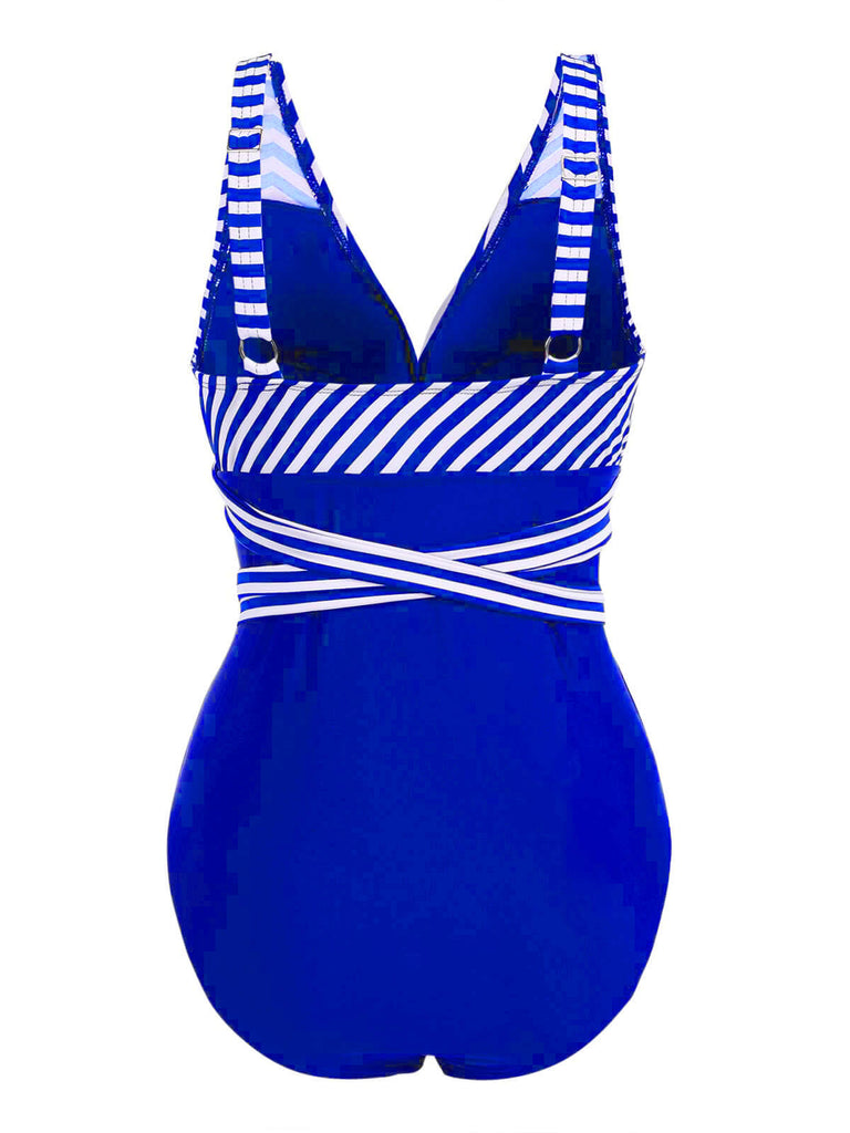 [GRANDE TAILLE] Maillot de bain une pièce patchwork rayé à lacets