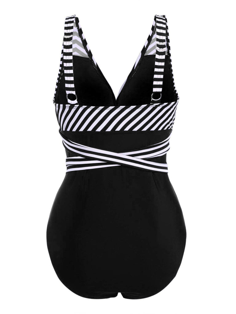 [GRANDE TAILLE] Maillot de bain une pièce patchwork rayé à lacets
