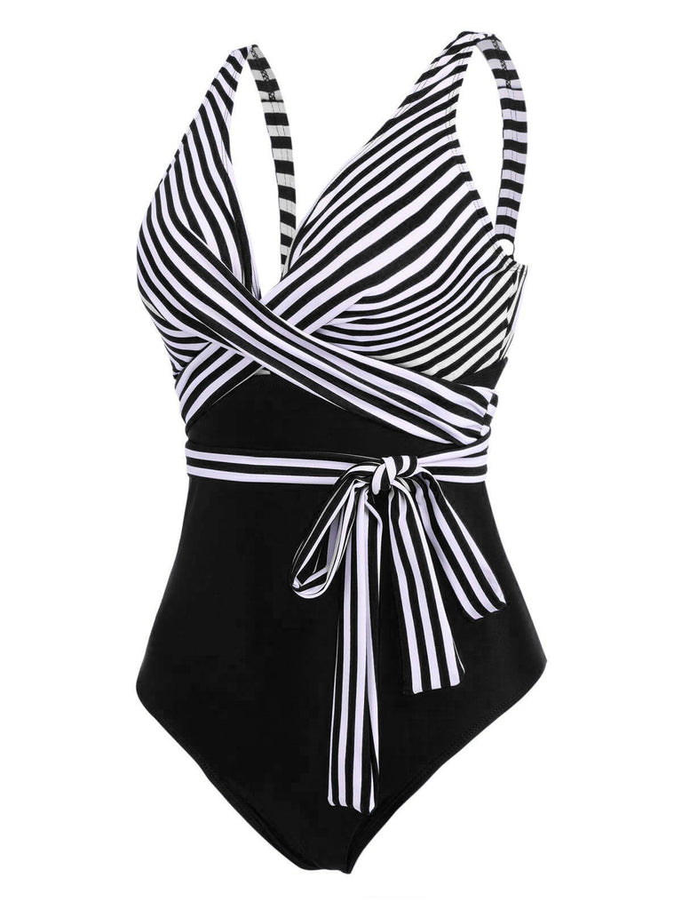[GRANDE TAILLE] Maillot de bain une pièce patchwork rayé à lacets