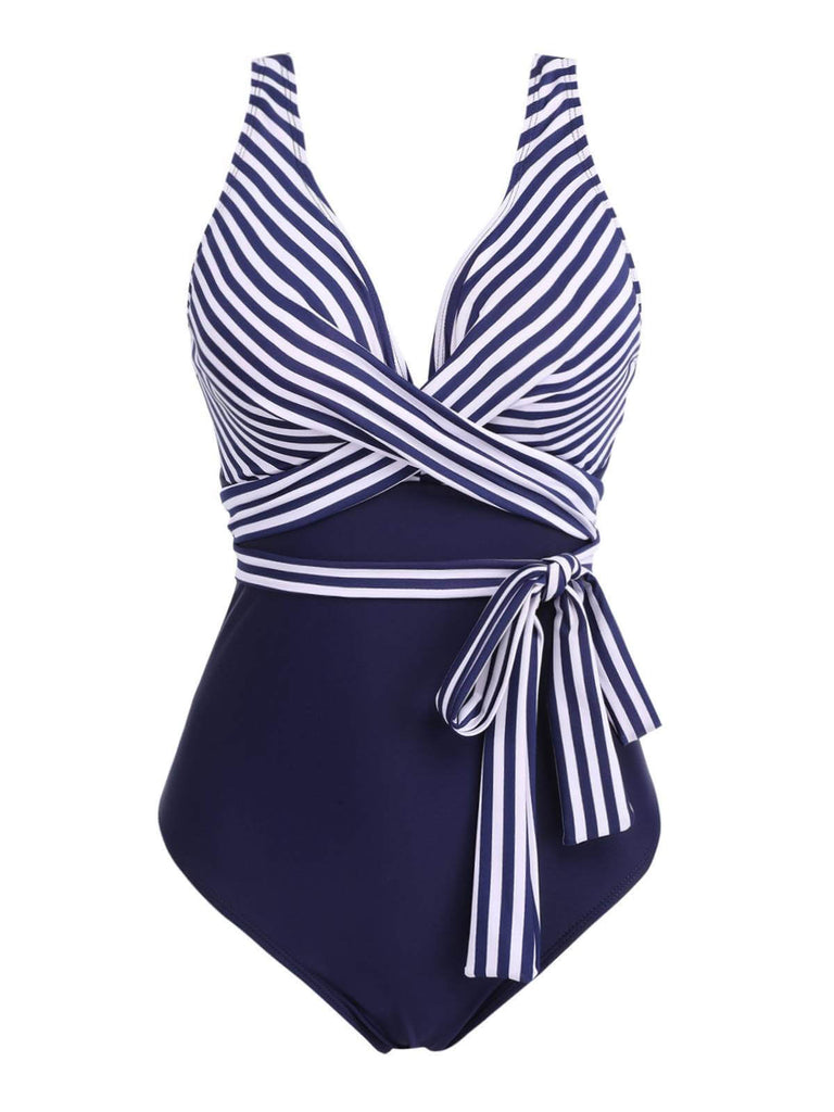 [GRANDE TAILLE] Maillot de bain une pièce patchwork rayé à lacets
