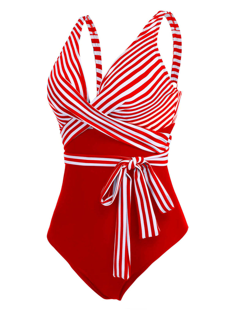 [GRANDE TAILLE] Maillot de bain une pièce patchwork rayé à lacets