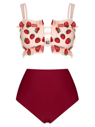 Maillot de bain rouge 1940s à bretelles résille fraise