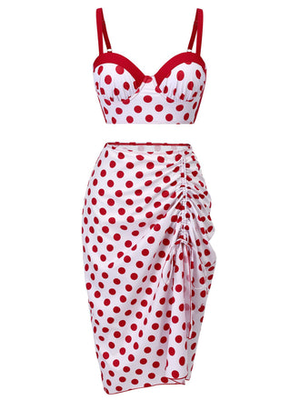 3PCS Maillot de bain rouge plissé à pois années 1950