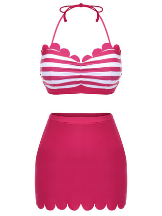 2PCS Maillot de bain rose rouge années 40 à rayures licou