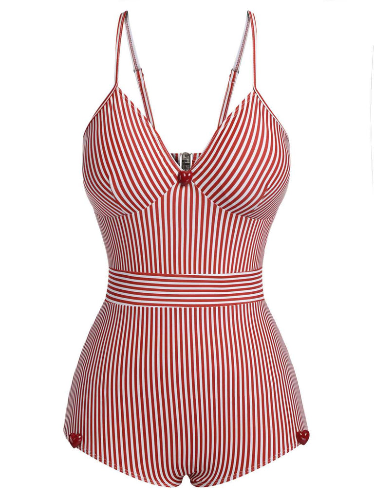 Maillot de bain rouge à rayures et bretelles spaghetti des années 1940