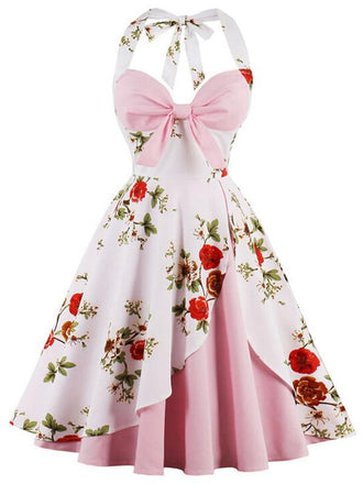 Robe Balançoire Année 50 Florale Rose à Licou